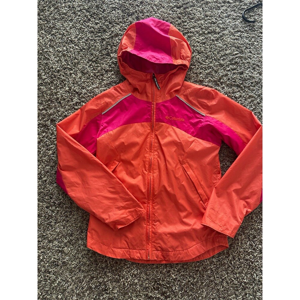 Columbia Kids Hooded Full Zip Lined Windbreaker Jacket S Orange Pink Colorblock